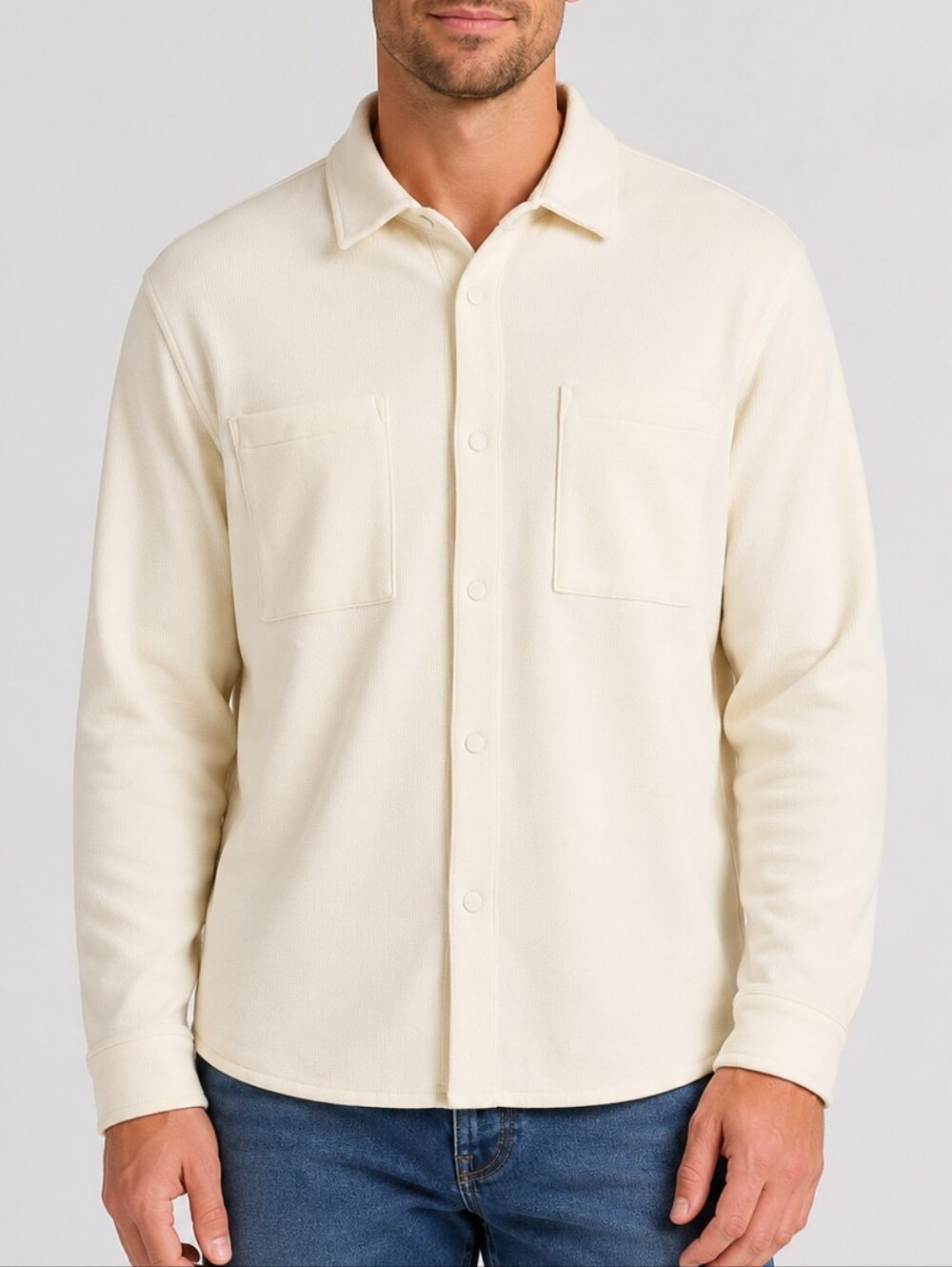 Mode of One Men's Long Sleeve Knit Snap-Front Shirt Soft Vanilla XL